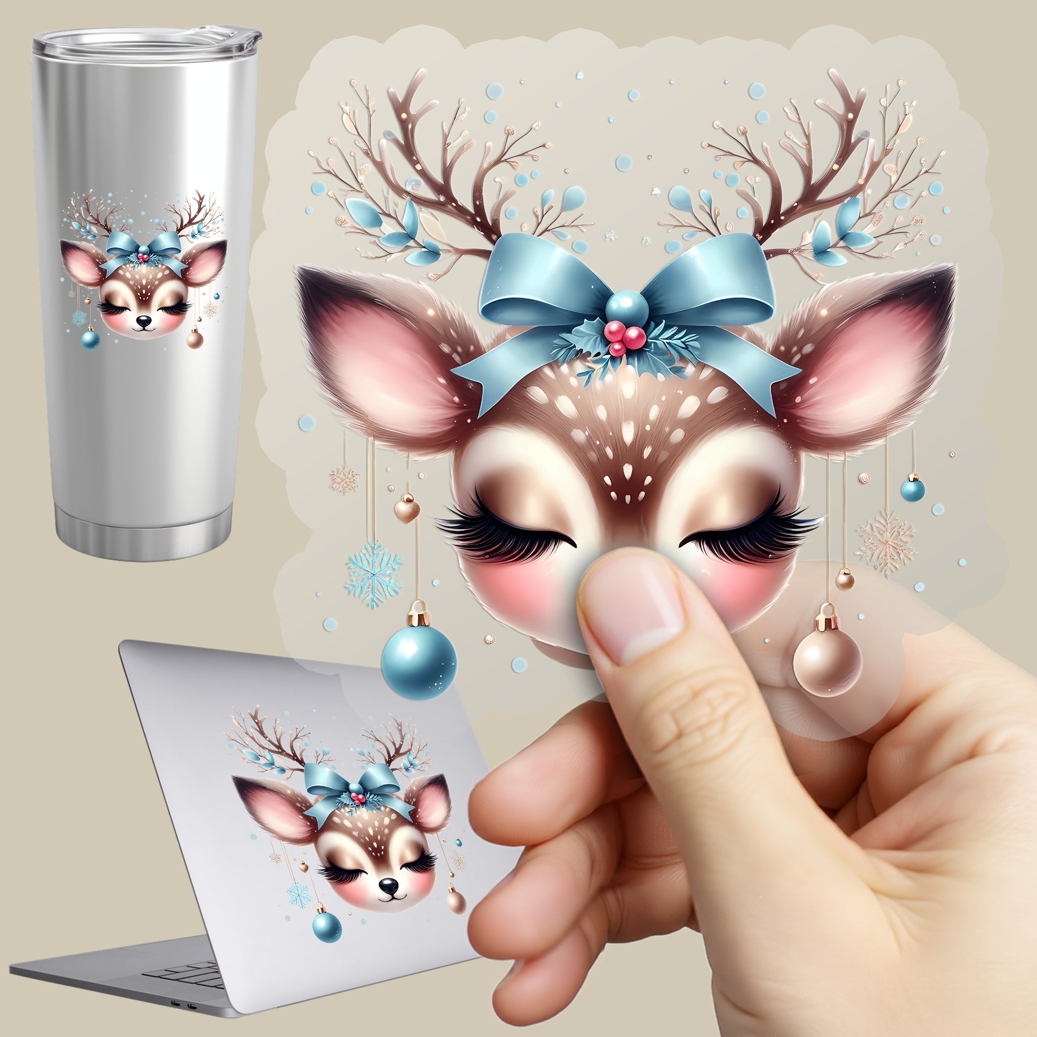 Permanent Sticker Weihnachts Reh Blauer Winterzauber