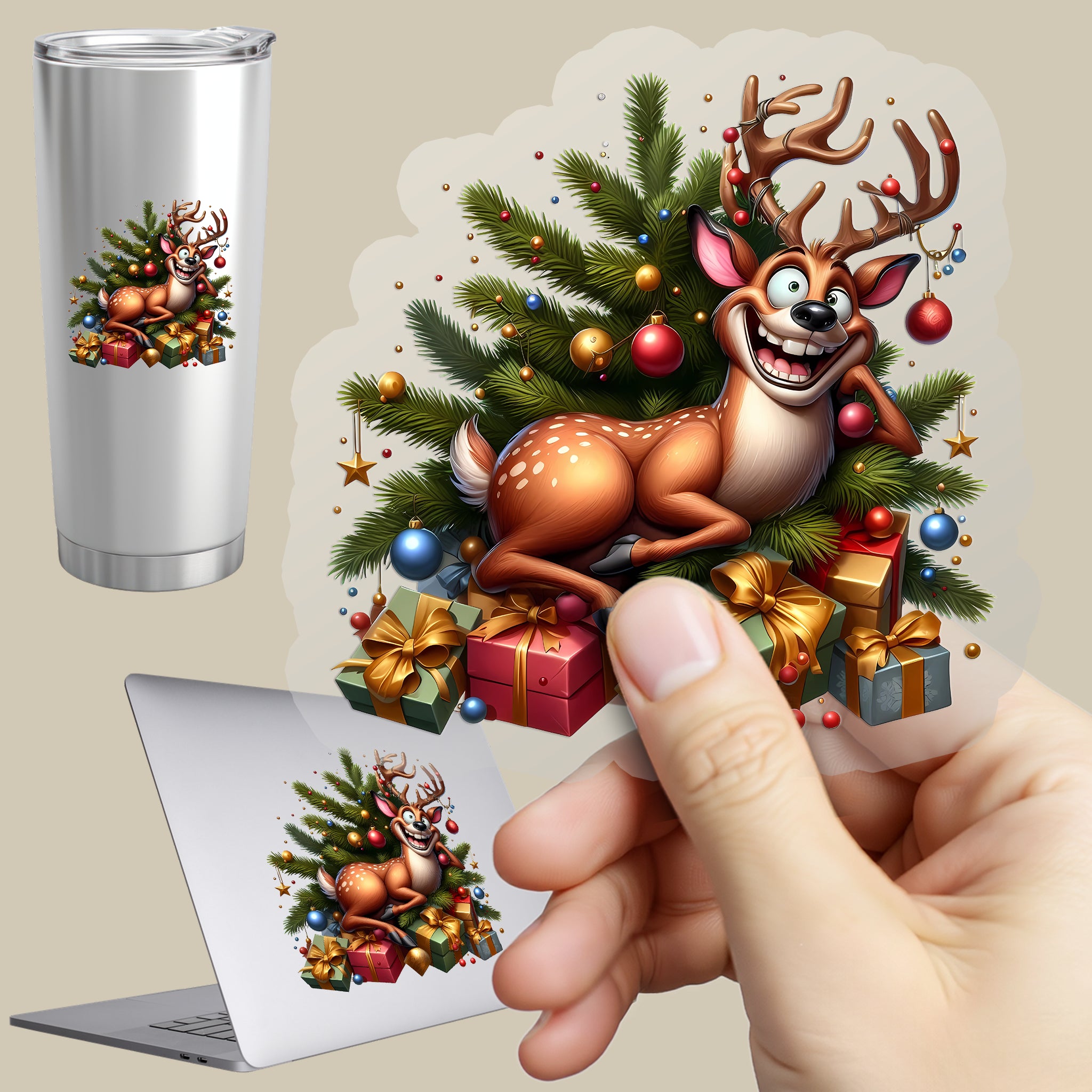 Permanent Sticker Verrücktes Weihnachts Rentier