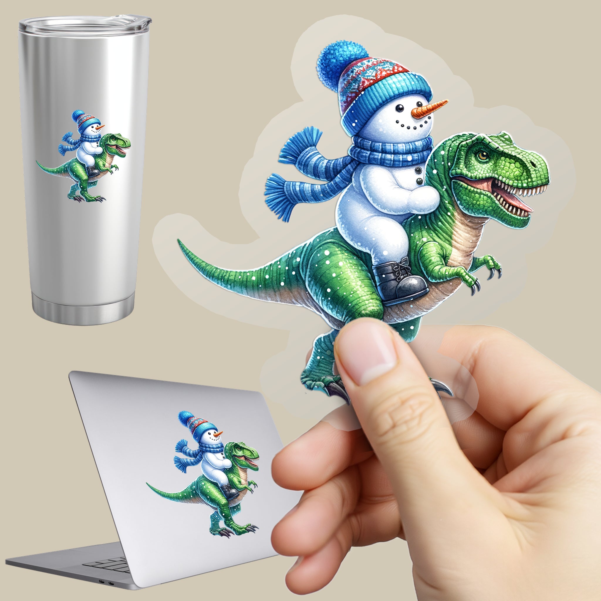 Permanent Sticker Schneemannritt auf Dinosaurier