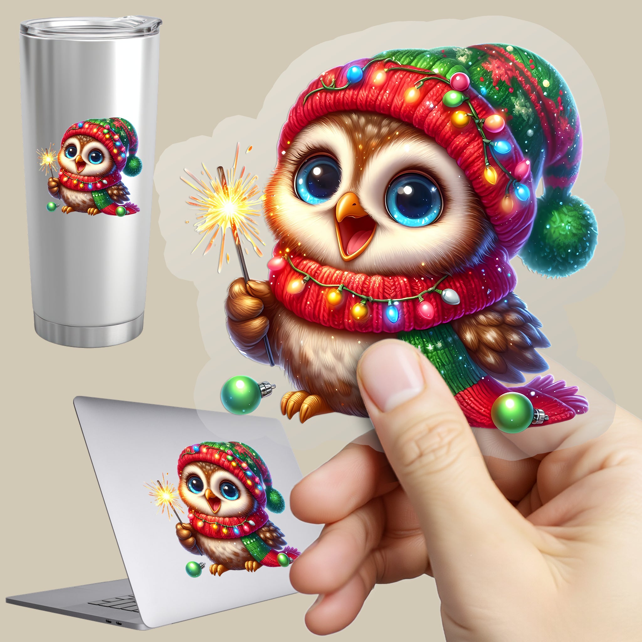 Permanent Sticker Eule Weihnachtsglanz