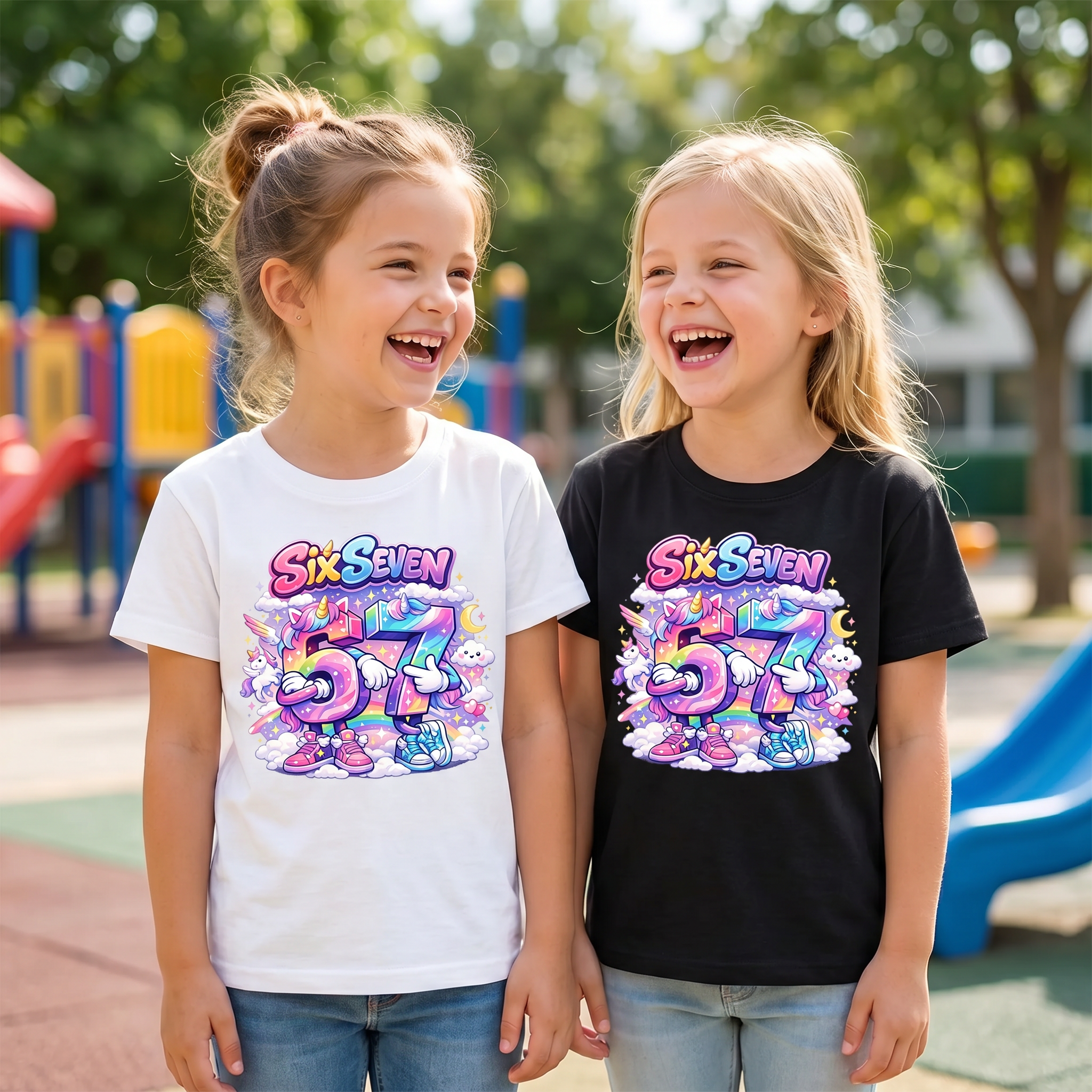 Six Seven Einhorn Regenbogen – Kinder T-Shirt mit Namen | 67 Meme personalisierbar