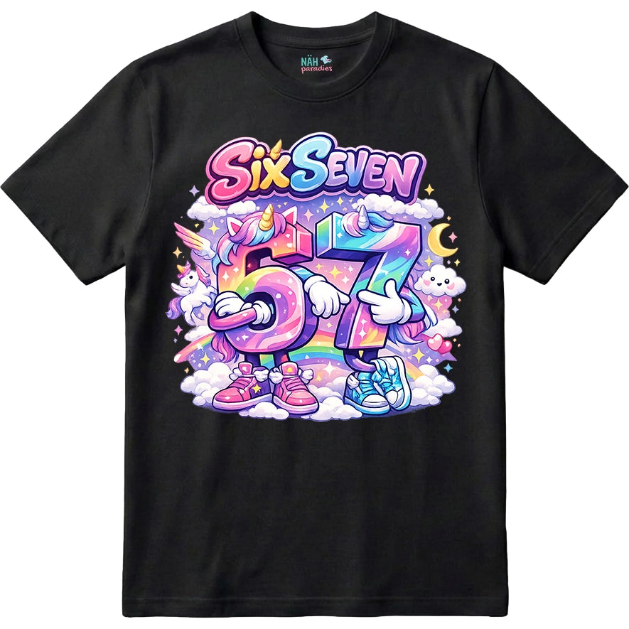 Six Seven Einhorn Regenbogen – Kinder T-Shirt mit Namen | 67 Meme personalisierbar