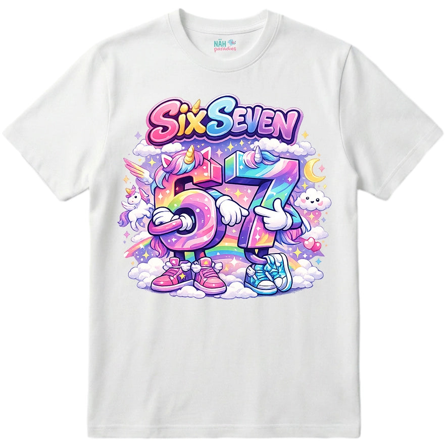Six Seven Einhorn Regenbogen – Kinder T-Shirt mit Namen | 67 Meme personalisierbar