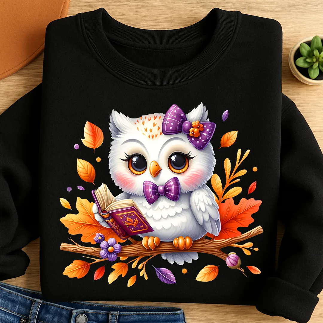 Bügelbild Weiße Eule Bücherzeit Herbst
